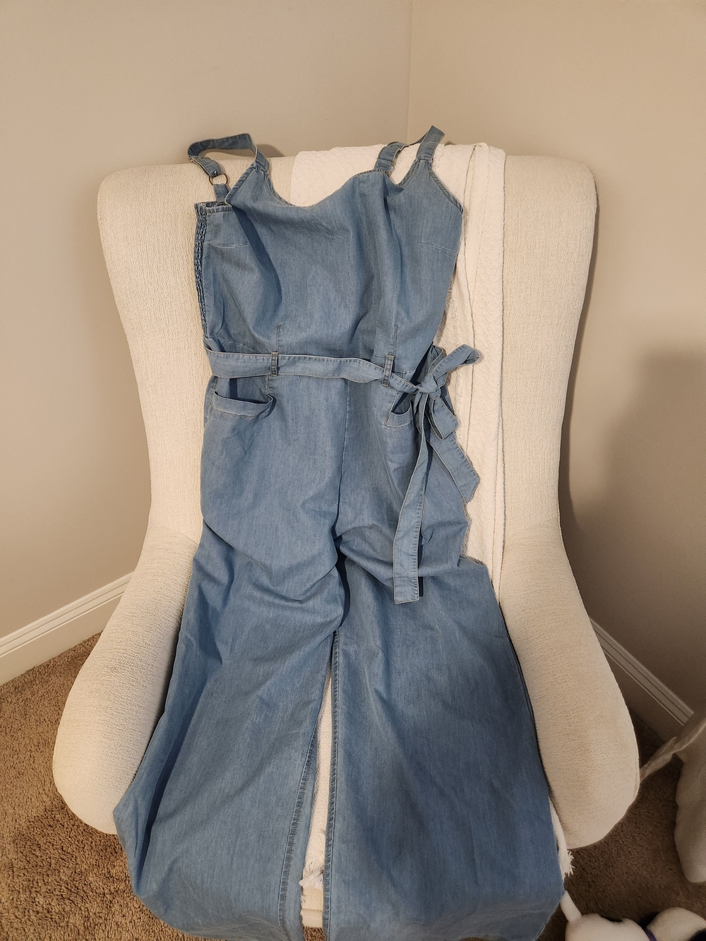 Indigo Light Blue Denim Belted Wide-Leg Jumpsuit